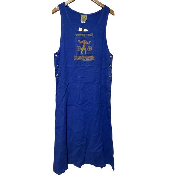 Vintage Blue Cactus Maxi Dress Linen Southwestern Painted NEW Dead Stock Buttons - Picture 1 of 9